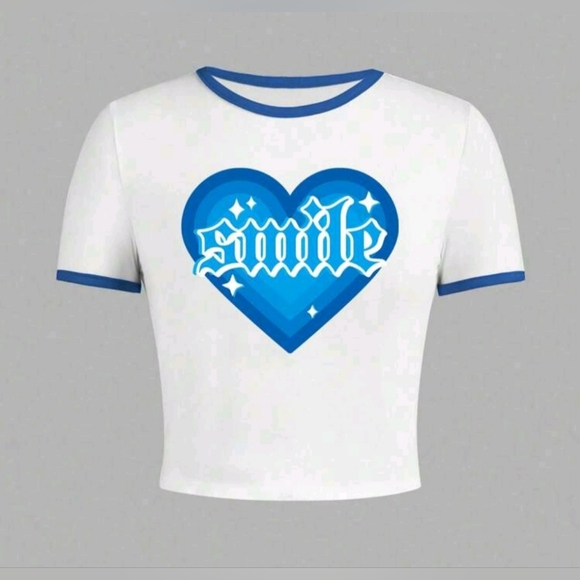 NEW Tween Blue & White Heart "Smile" Crop Tee (12Y) - Picture 1 of 5